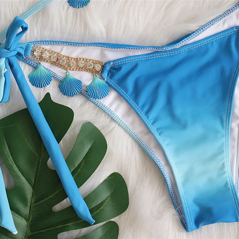 DEKA Shell Bikinis Swimsuit with Rhinestones Criss Cross Bikini Set Women Pink Push Up Bathing Suit Diamond Thong Swimwear