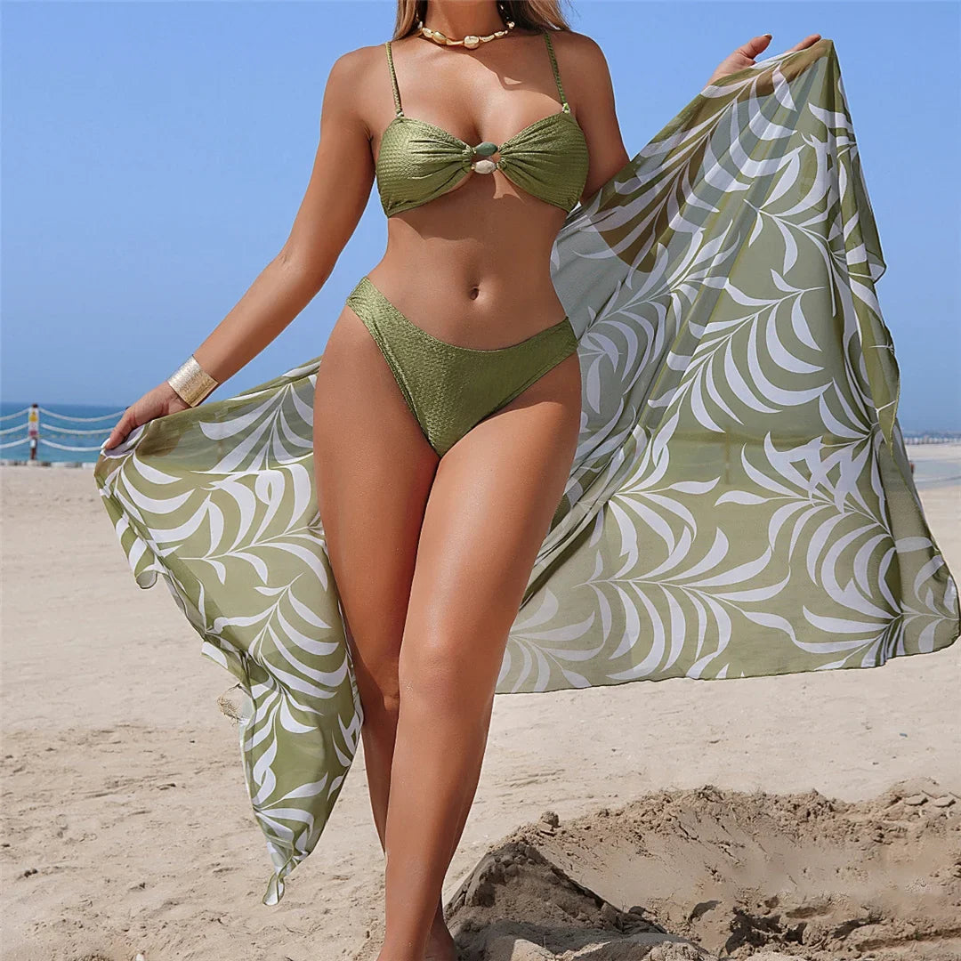 Printed Wrinkled With Sarong Bikini Female Swimsuit Women Swimwear Three-pieces Bikini set Padded Bather Bathing Suit Swim K7259