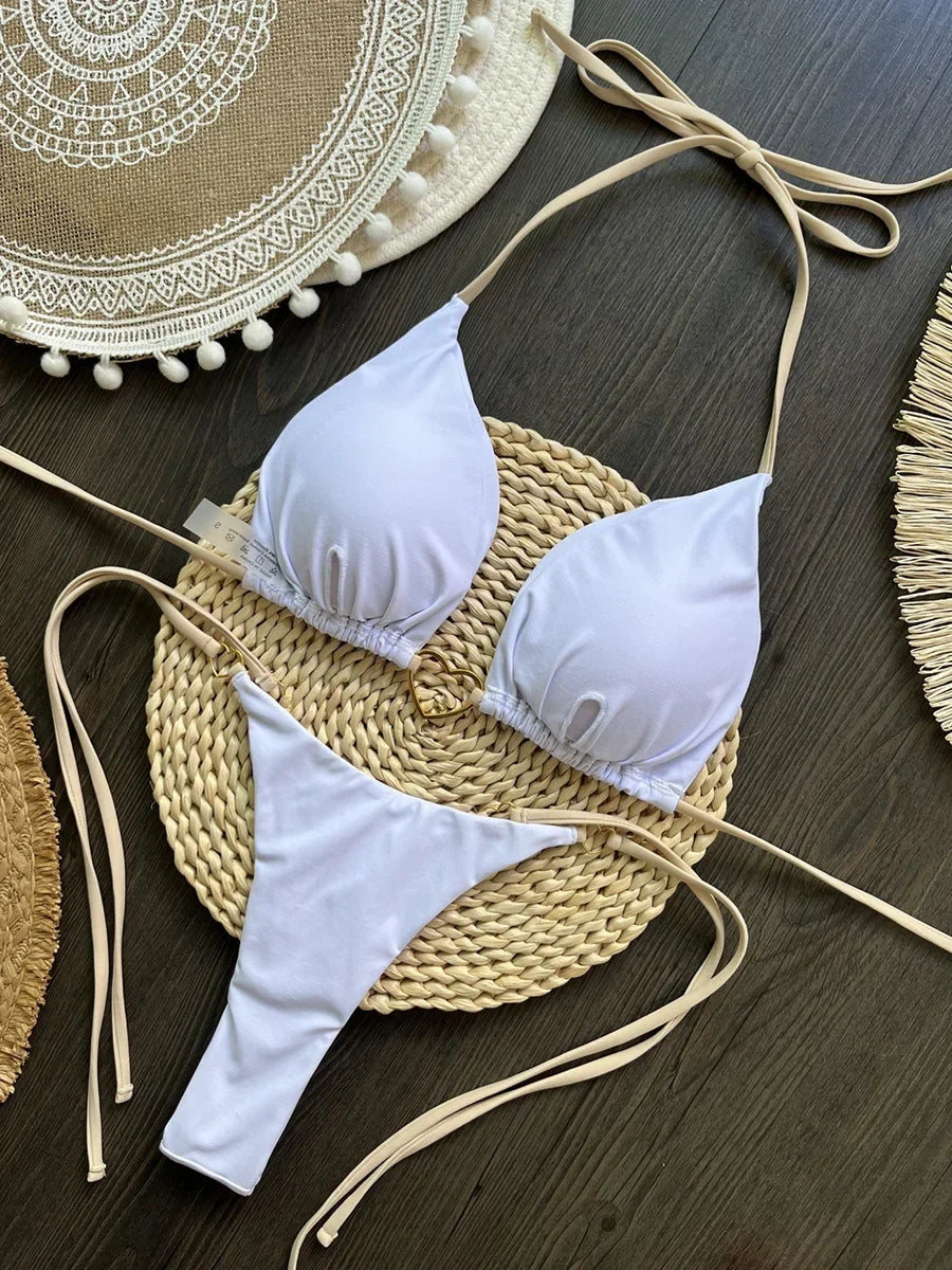 Metal Heart-shaped Halter Mini Micro Thong Bikini Female Swimsuit Women Swimwear Two-pieces Bikini Set Bather Bathing Suit Swim