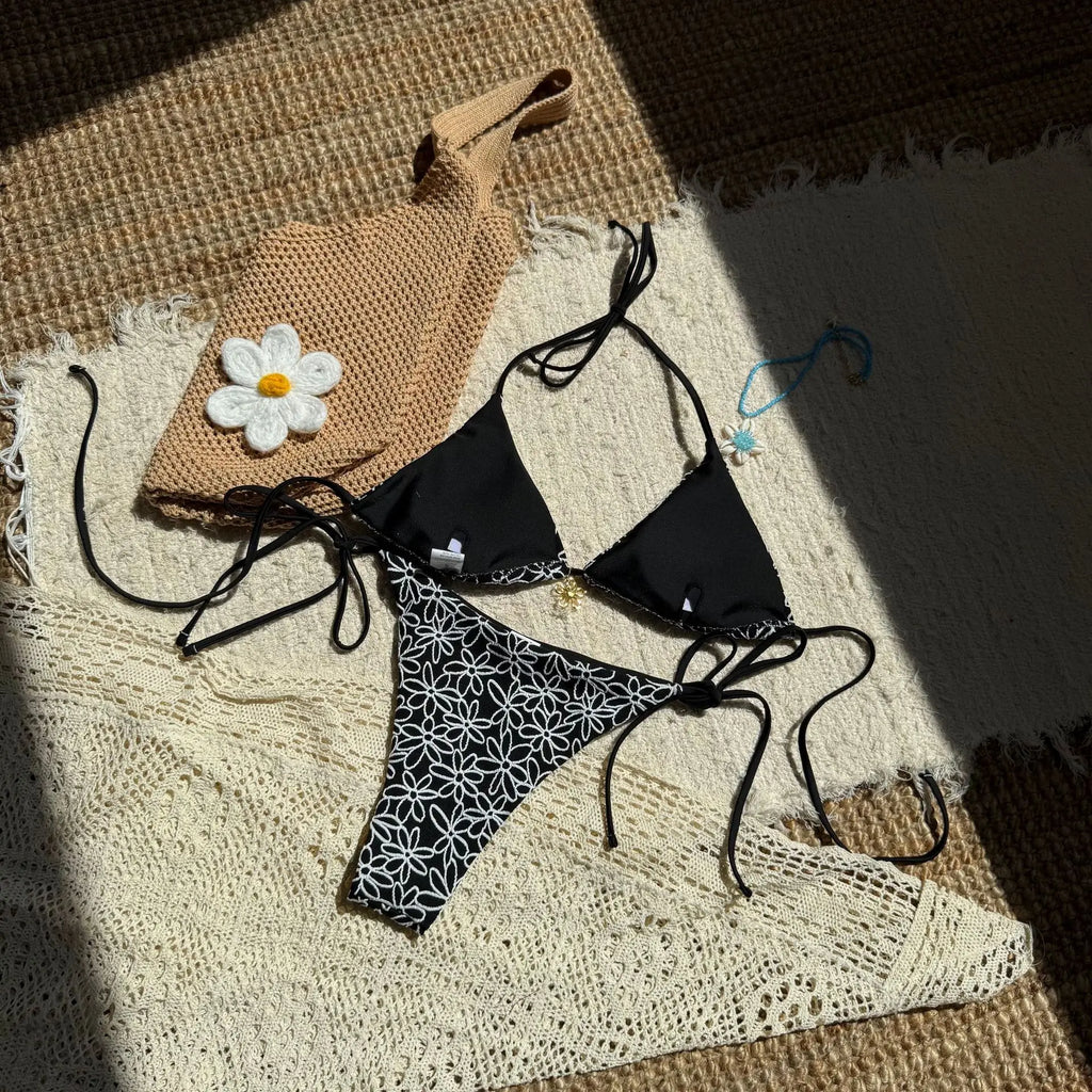 Sexy Pink Mesh Flower Bikini Set Women Halter Push Up Bra Bandage Triangle Swimsuit 2025 Summer Bathing Suit Vacation Swimwear