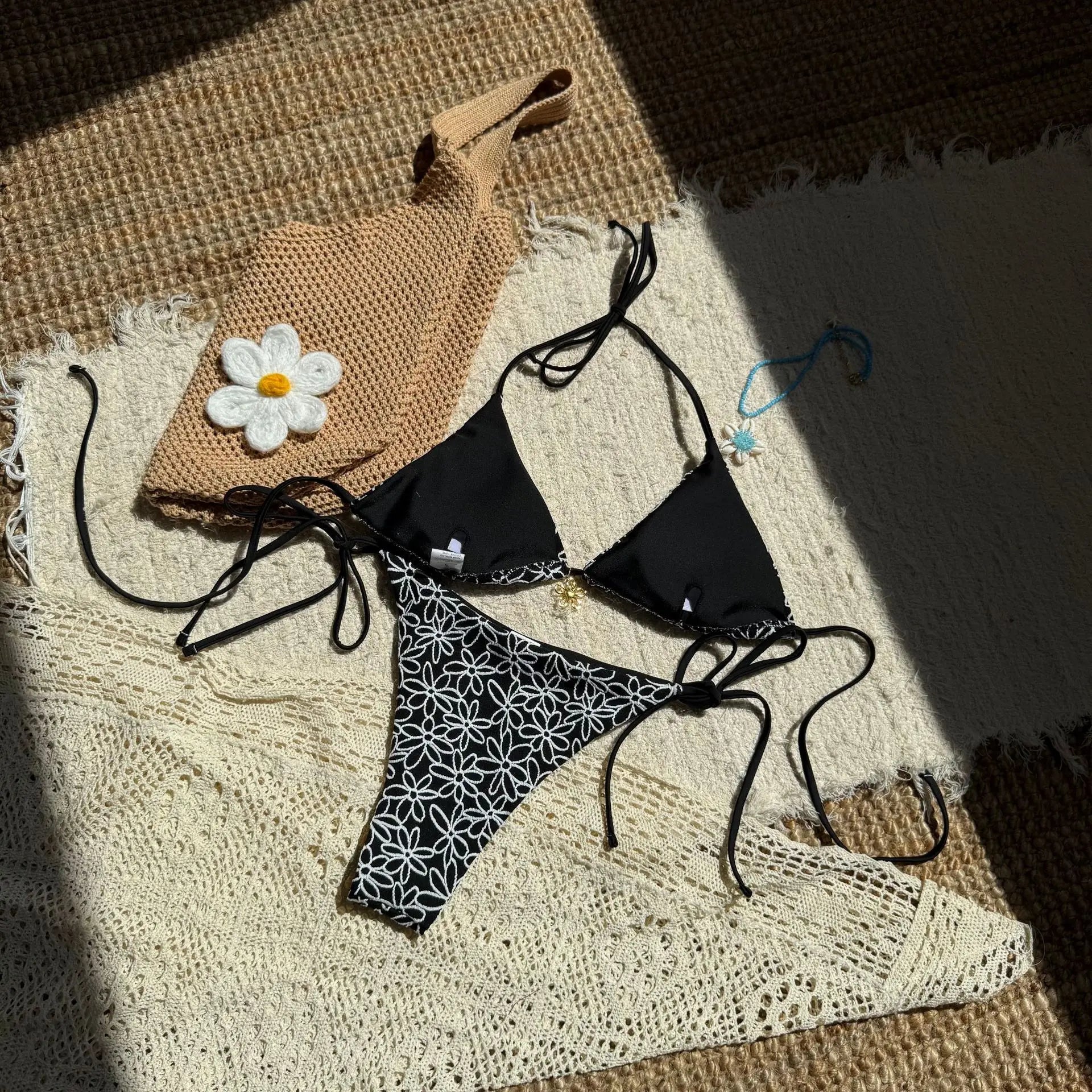 Sexy Pink Mesh Flower Bikini Set Women Halter Push Up Bra Bandage Triangle Swimsuit 2025 Summer Bathing Suit Vacation Swimwear