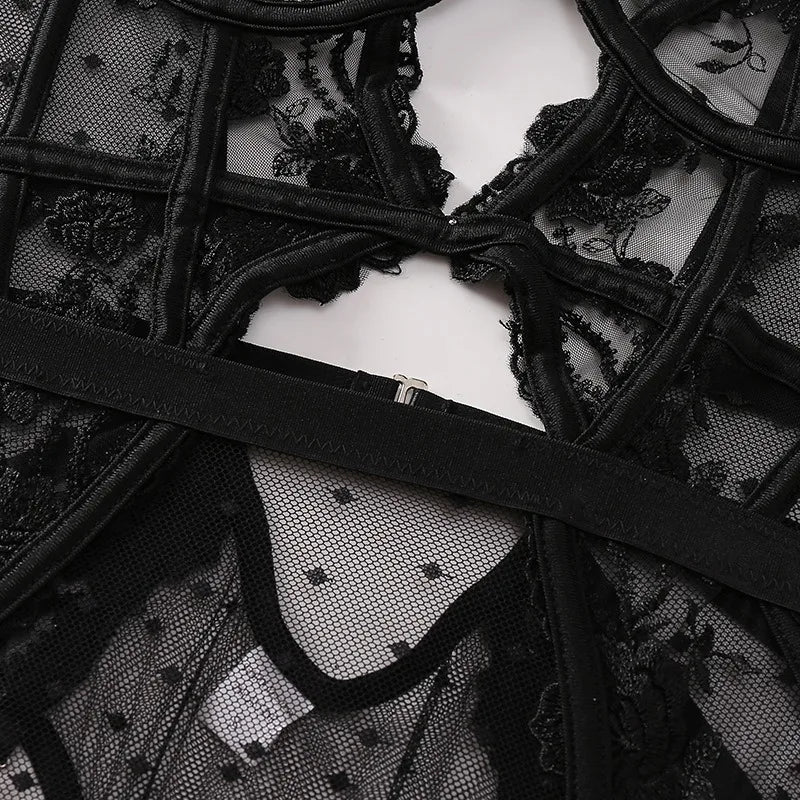 Toucheart Lace Sexy Skinny Babydoll Bodysuit Embroidery Erotic Private Adult Suit Solid Color Patchwork High Waisted Sexy Set