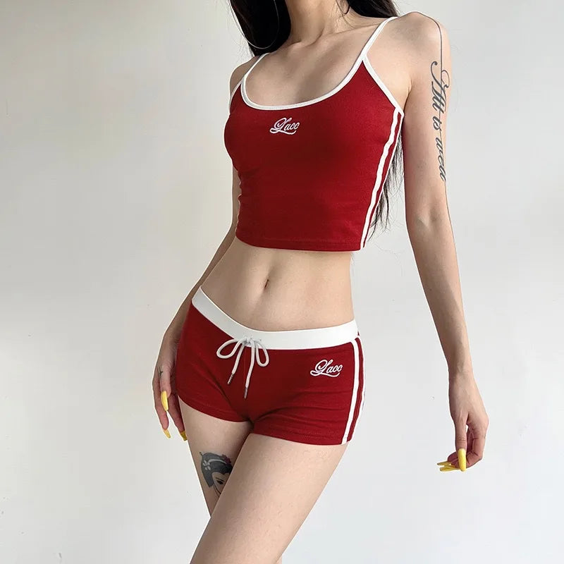 Sports and leisure two-piece camisole sports vest lace-up shorts set