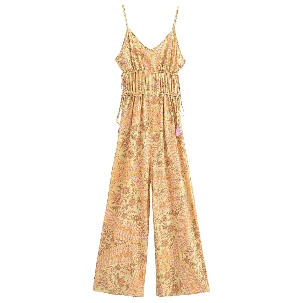 Paisley Print Bohemian Wide Leg Long Pants Jumpsuit Women Summer New Overalls Spaghetti Strap Loose Casual Boho Jumpsuit Tassel