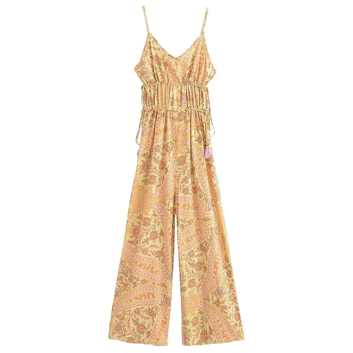Paisley Print Bohemian Wide Leg Long Pants Jumpsuit Women Summer New Overalls Spaghetti Strap Loose Casual Boho Jumpsuit Tassel