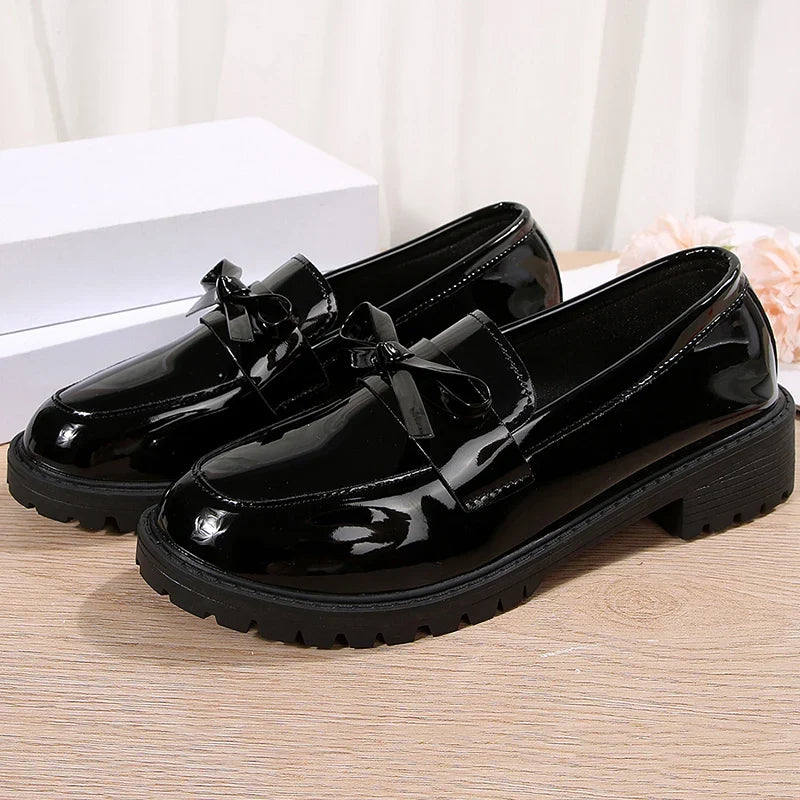 Patent Leather Med Heels Loafers Women Spring Plus Size 43 Bowknot Slip On Flats Woman British Style Student Pu Leather Shoes