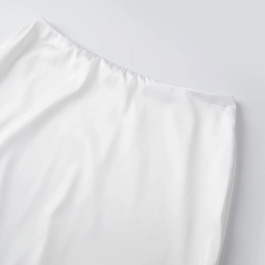 Women Solid Color Satin Long Skirs Elegant Low Waist Lace Patchwork Flowy Summer Skirt for Casual