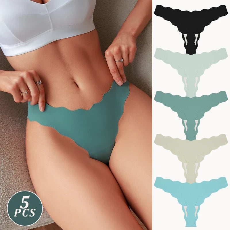 5Pcs Seamless Full-Body Fan-Shaped Wave Decorative Briefs Sexy Thongs Comfortable Breathable Stretch Underwear Women's Lingerie