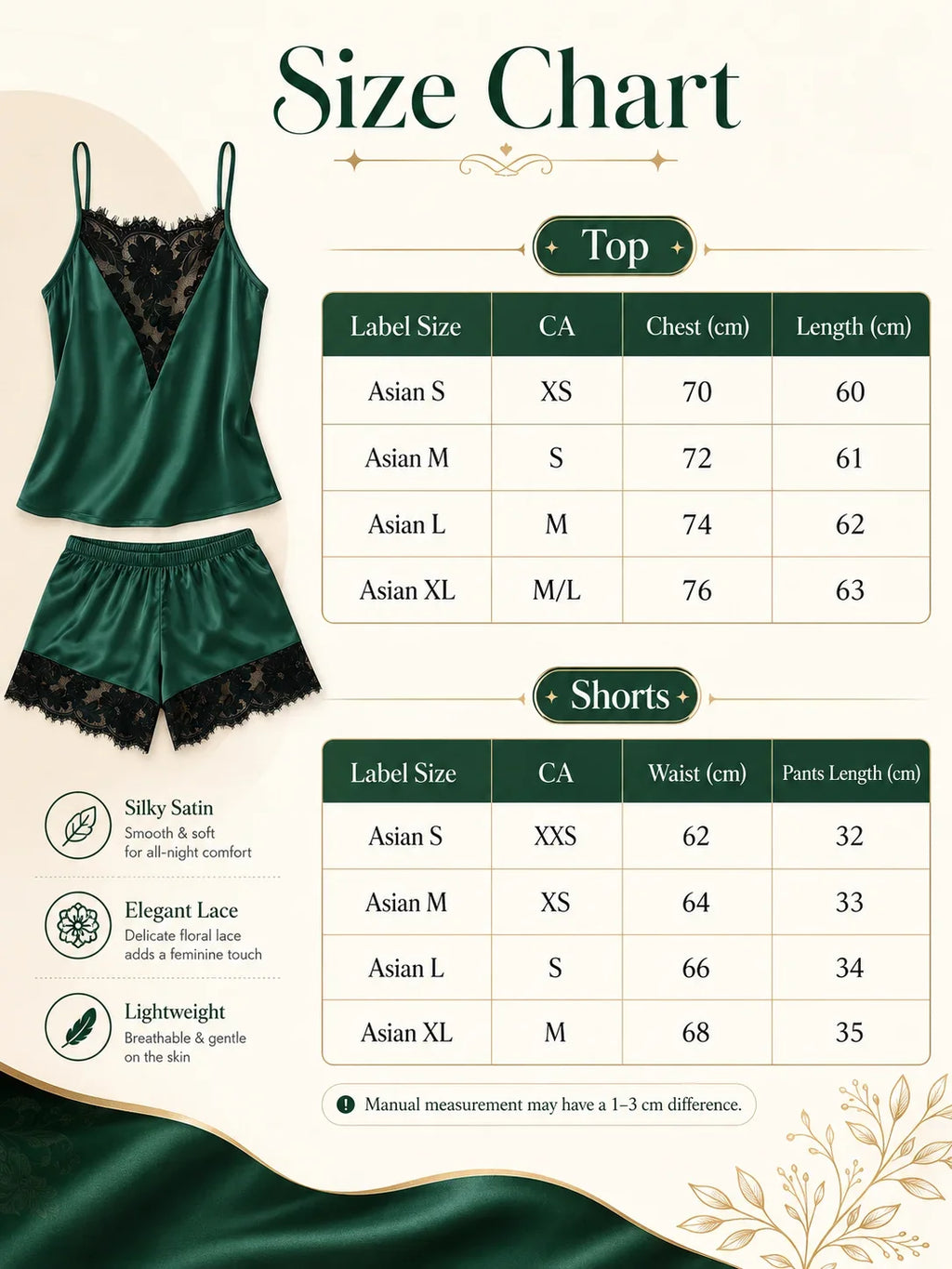 Women's Satin Camisole Shorts Set, Lace Trim Cami Top and Shorts, Silky Spring Summer Sleepwear Loungewear Pajama