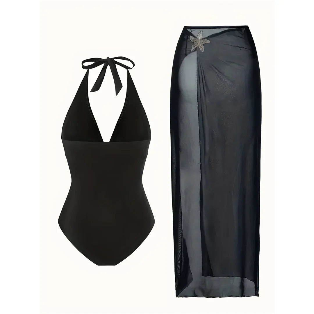 S - XL New With Skirt Deep V Neck Halter One Piece Swimsuit Women Swimwear Female Starfish Padded Bather Bathing Suit Swim V7977