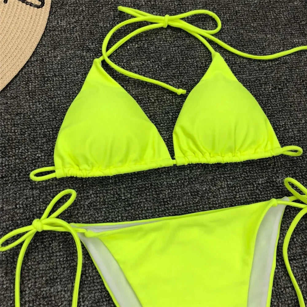 New Sexy Neon Pink Brazilian Bikini Women Swimwear Halter Swimsuit Female Two-Pieces Bikini Set Bather Bathing Suit Swim V1312