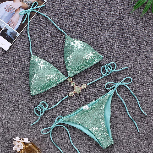 Shiny Sequins Jewelled Diamond Bikini Women Micro Bikini Swimwear Female Swimsuit Two Pieces Bikini Set Halter Bathing Suit Swim