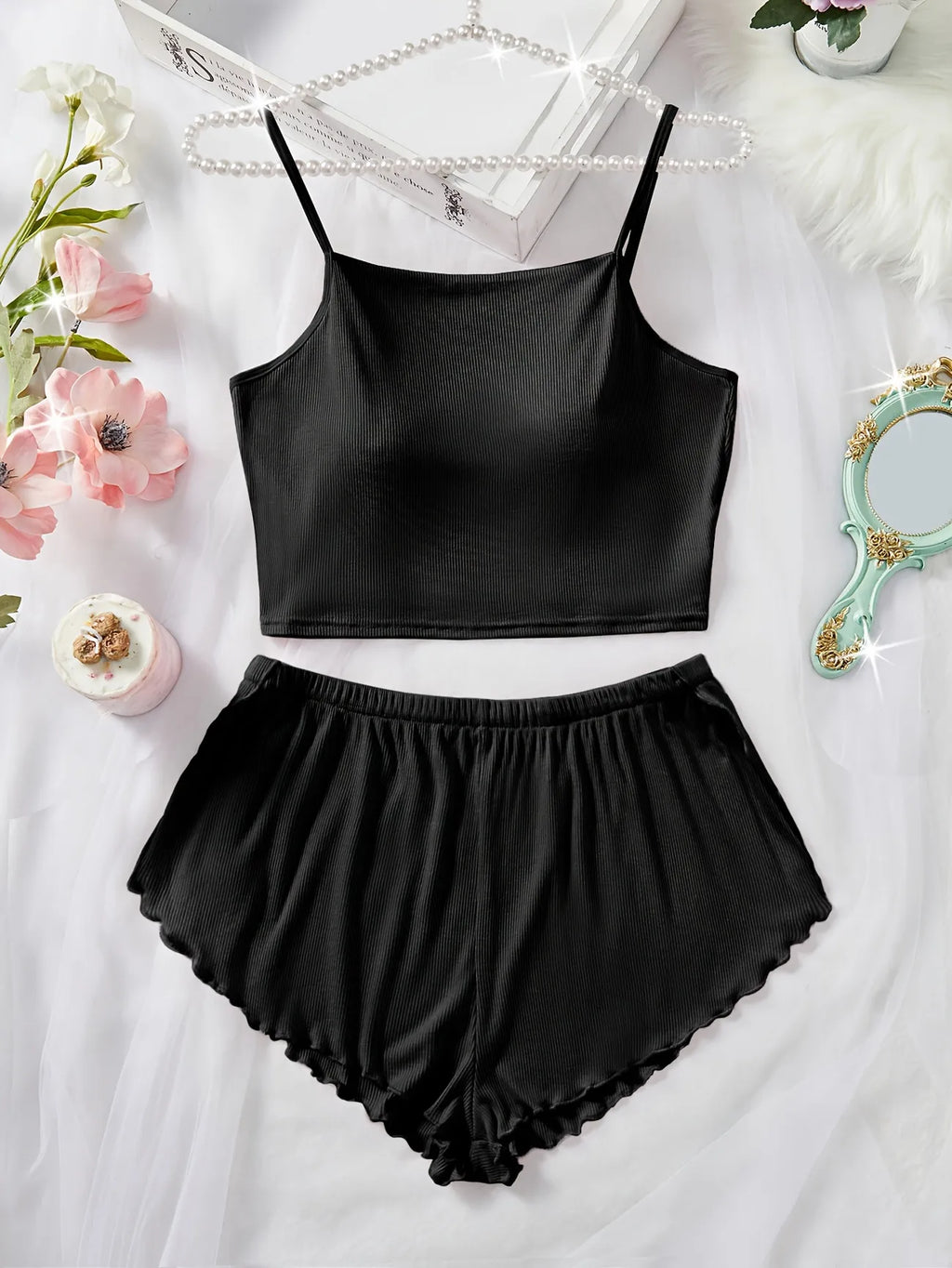 Women's Pajama Set Solid Color Camisole Crop Top and Ruffle Shorts, Sleeveless Soft Sleepwear, Summer Loungewear Outfit