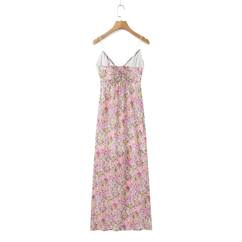 Lace Decoration Pink Floral Maxi Long Sundress Women's Dress 2025 Spaghetti Strap V Neck Smocked Boho Straight Boho Dress