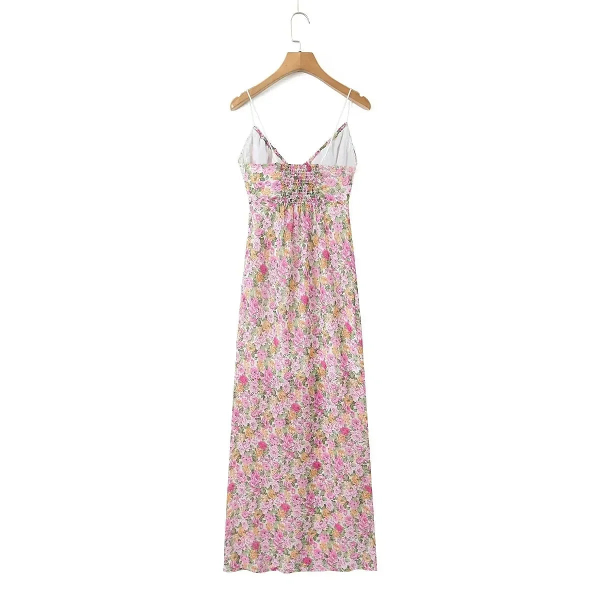 Lace Decoration Pink Floral Maxi Long Sundress Women's Dress 2025 Spaghetti Strap V Neck Smocked Boho Straight Boho Dress