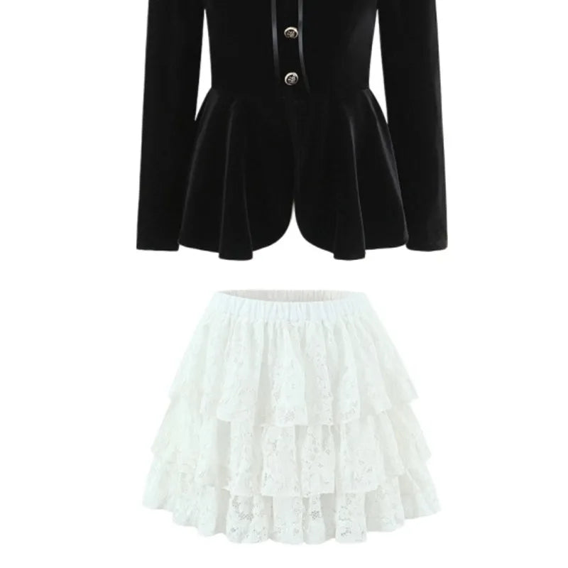 French-style Elegant Stand-up Collar Tie-waist Slim-fit Pleated Long-sleeve Shirt For Women With Waist Lace Cake Skirt QXS5