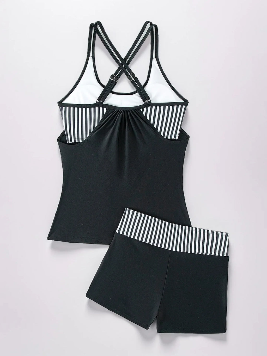 Women's Conservative 2 Piece Swimsuit Black Stripe Print Patchwork Tankini Bikini Set Suspender Cross Backless Bathing Suit 2025