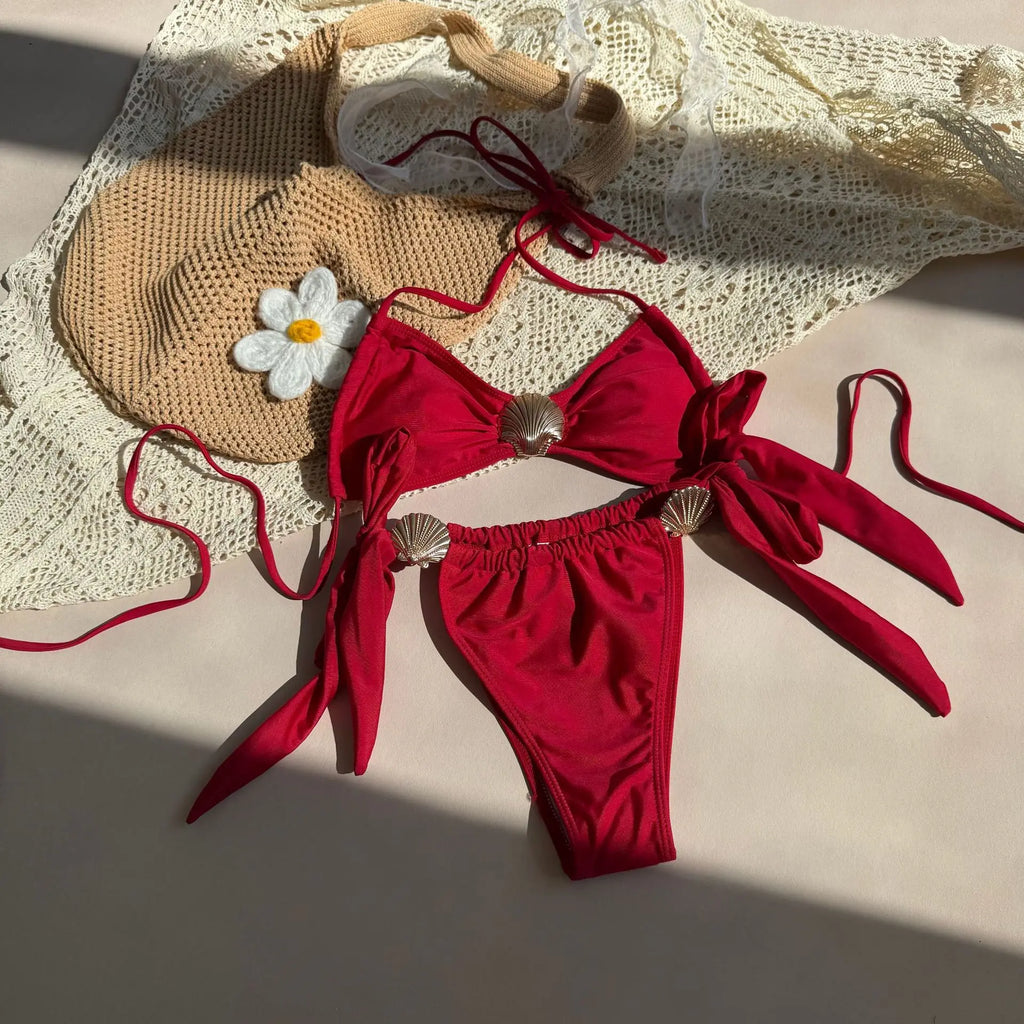 Metal Shell Halter Strappy High Cut Bikini Female Swimsuit Women Swimwear Two-pieces Bikini Set Bather Bathing Suit Swim Lady