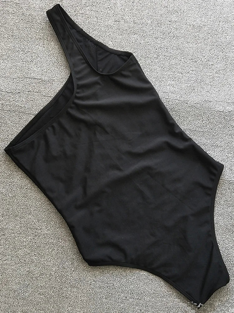 Splicing Mesh See Through One Shoulder Female Swimwear One Piece Swimsuit Women High Cut Monokini Mesh Bathing Suit Swim Lady