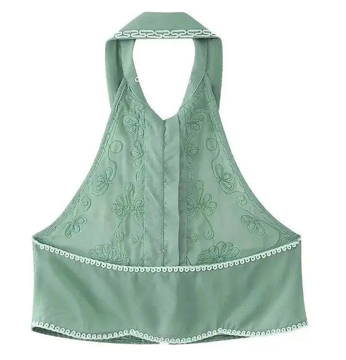Women's Fashionable Lapel Embroidered Backless Shorts Set J25E