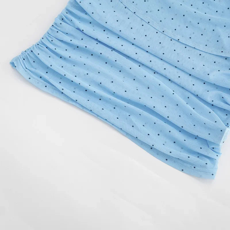 FDYOUI Women's Summer Polka Dot Print Shawl Tops High Street Ladies Fashion Sexy Folds Slim T-shirt Holiday Party Tee Shirts