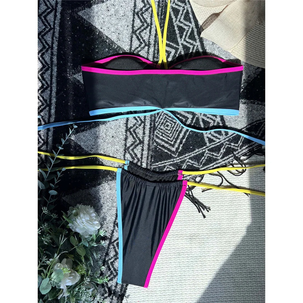 Splicing Wrap Around Bandage Halter Bikini Female Swimsuit Women Swimwear Two-Pieces Bikini Set Bather Bathing Suit Swim V3882