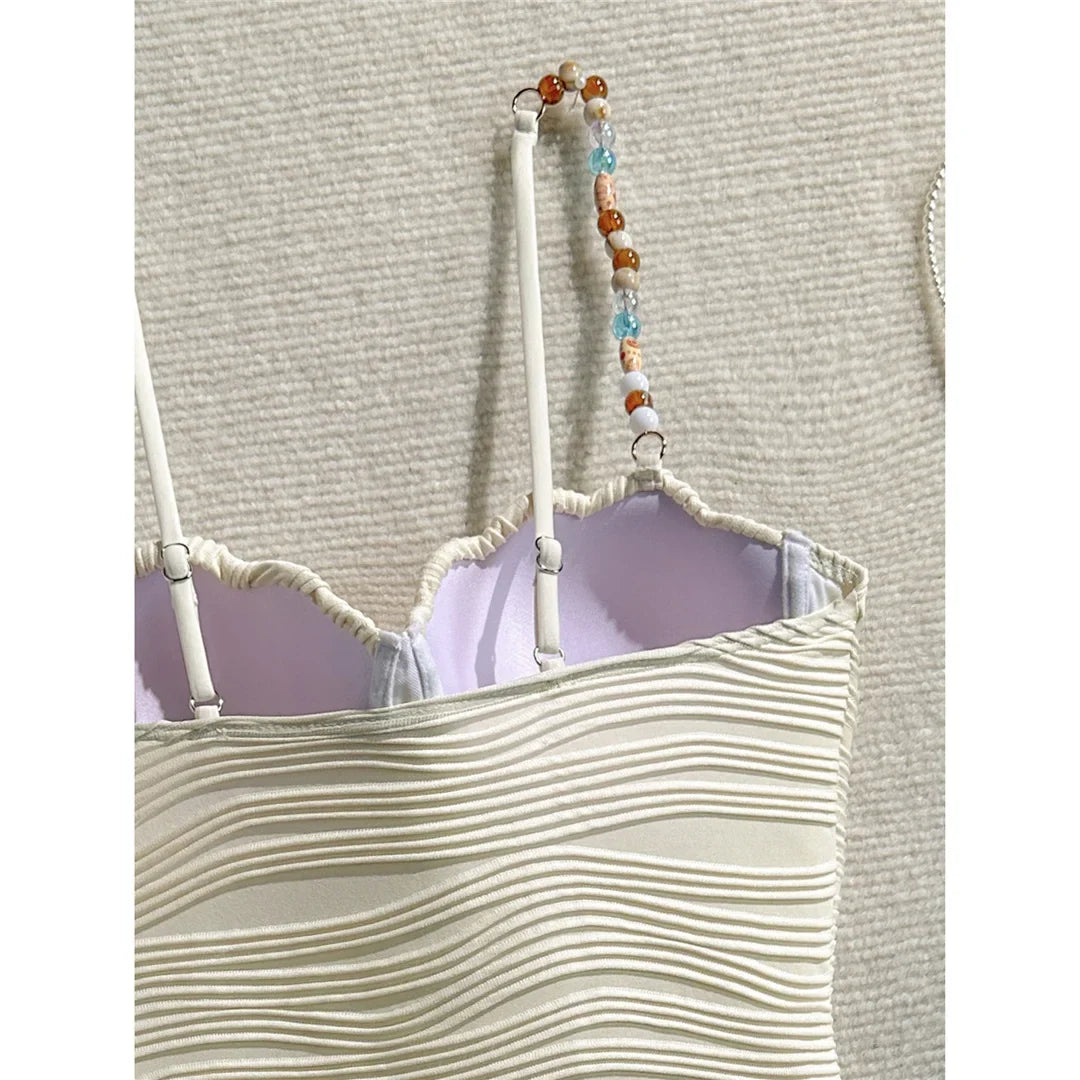 Wrinkled Underwired Colorful Beads Women Swimwear One Piece Swimsuit Female High Leg Cut Monokini Bather Bathing Suit Swim V8301
