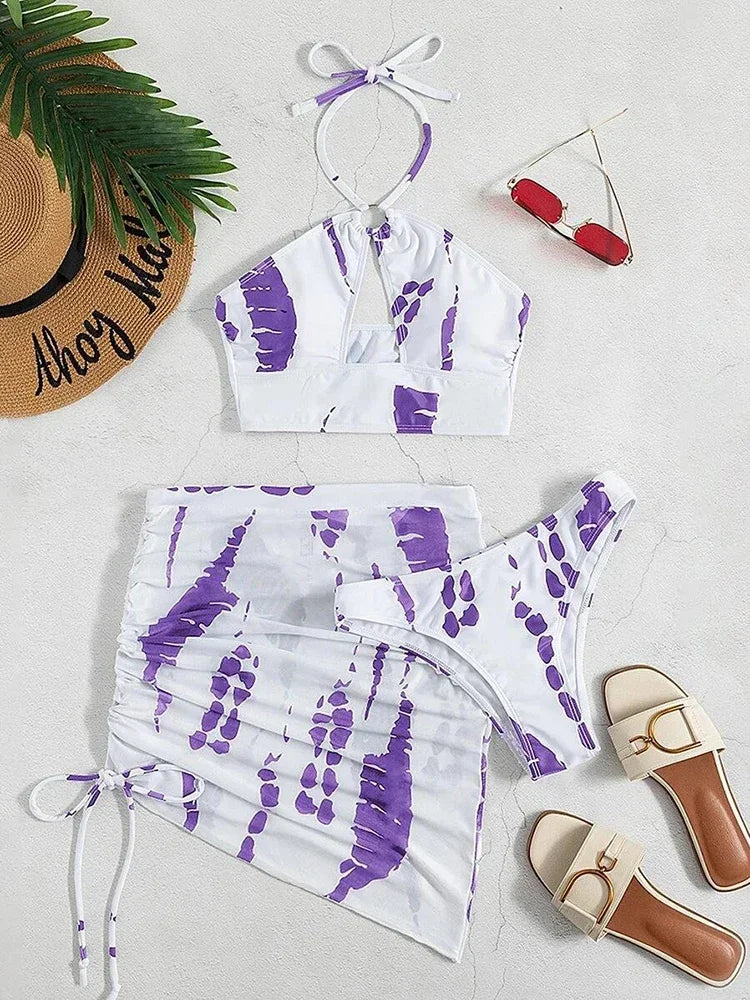 3PCS With Mesh Skirt Halter Bikini Female Swimsuit Women Swimwear Three-pieces Bikini Set Hollow Out Bathing Suit Swim Beachwear