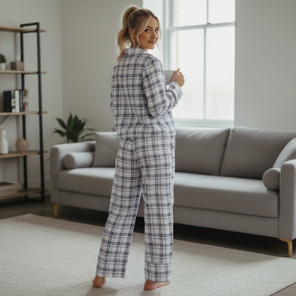 Women Sleepwear Long Sleeve Bow Tie Front Plaid Tops with Elastic Waist Pants Loose Fall Winter 2 Pieces Pajamas Sets
