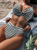 Sexy Black White Striped High Waist Bikini Female Swimsuit Women Swimwear Two-Pieces Bikini Set Bather Bathing Suit Swim V5830