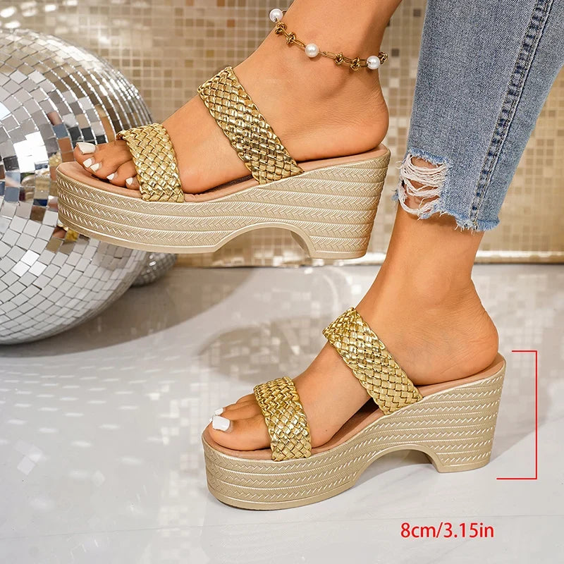 Fashion Gold Woven Wedge High Heel Sandals Women Summer Chunky Platform Slippers Woman Plus Size Comfortable Thick Heels Sandals