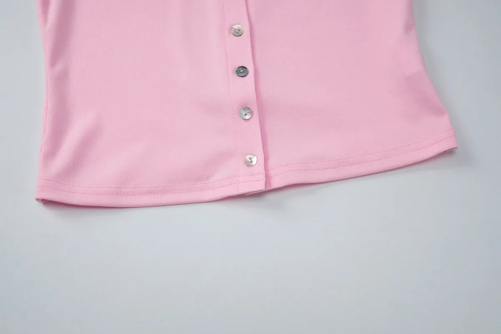 FDYOUI Pink T-shirts 2026 Summer Woman Clothes O-neck Single Breasted Cardigan Tops Female Short Sleeve Slim T Shirt Streetwear