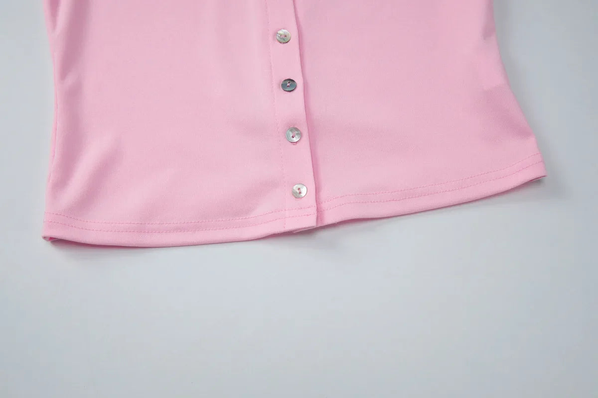 FDYOUI Pink T-shirts 2026 Summer Woman Clothes O-neck Single Breasted Cardigan Tops Female Short Sleeve Slim T Shirt Streetwear