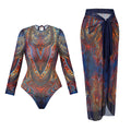 XS - XXL Printed Long Sleeve With Sarong Women Swimwear One Piece Swimsuit Female High Leg Cut Bather Bathing Suit Swim V7136