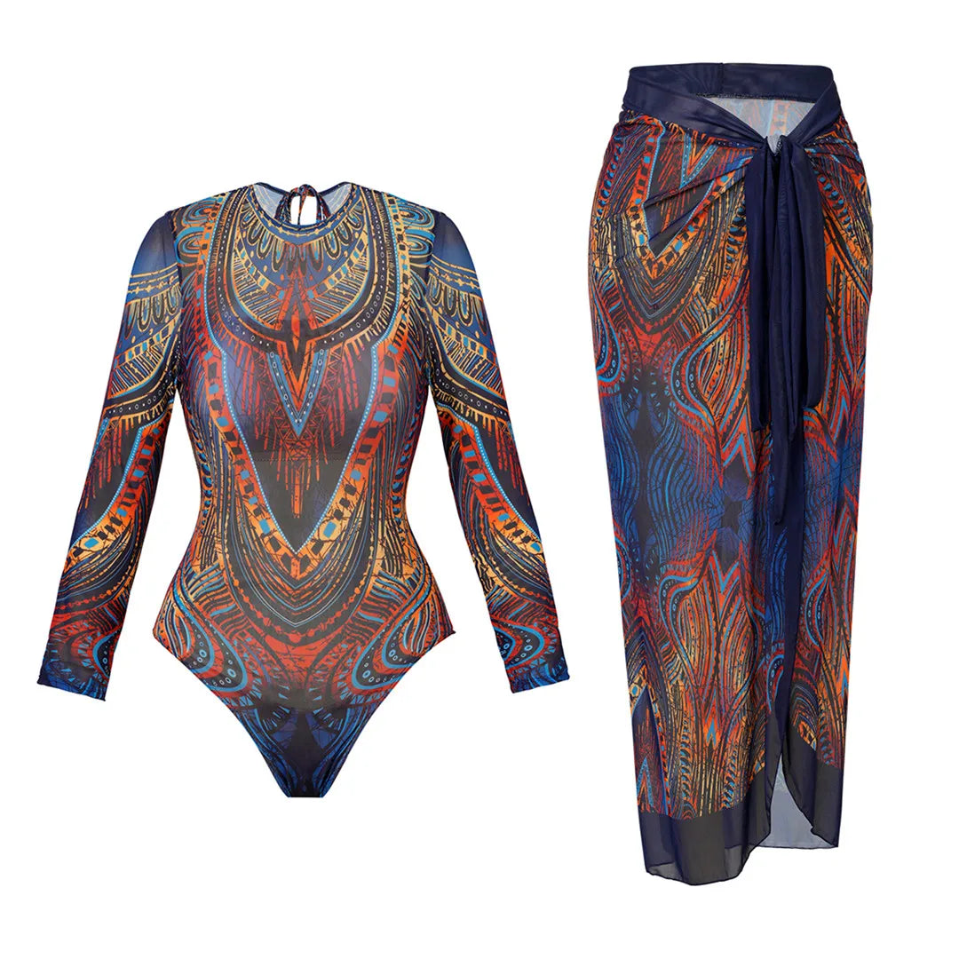 XS - XXL Printed Long Sleeve With Sarong Women Swimwear One Piece Swimsuit Female High Leg Cut Bather Bathing Suit Swim V7136