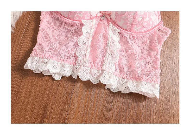 MOYISU Rhinestone Lace Corset Bra Set Pink Halter Bustier Slim-Fit Waist Trainer Sexy Lingerie for Women Party Wedding Outerwear