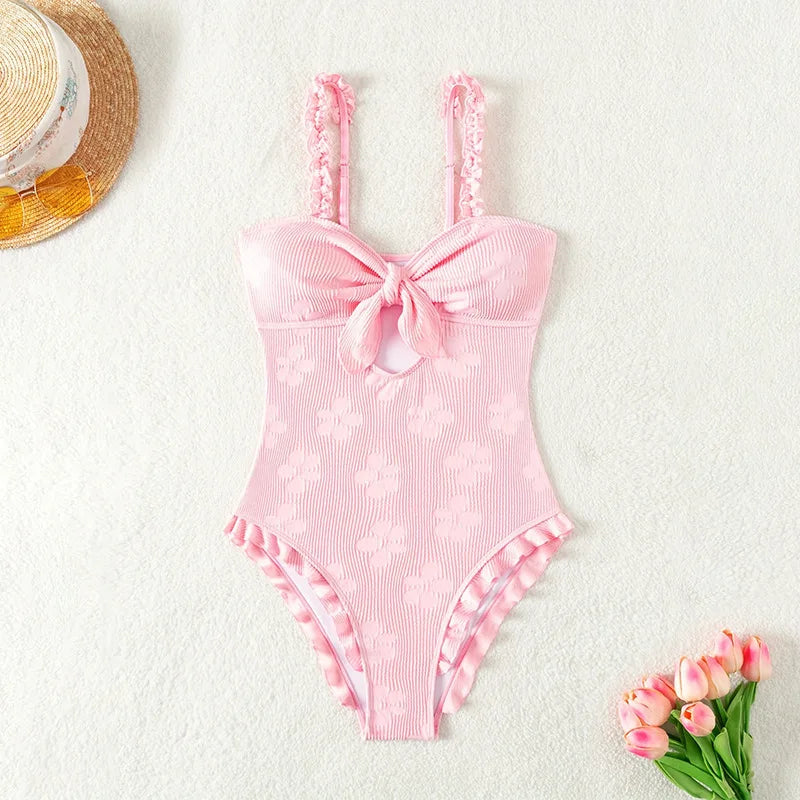 Light Pink One Piece Swimsuit for Women High Waist Hollow Out Ruffle Suspender Backless Monokini Bikini Beach Swimwear 2024 New