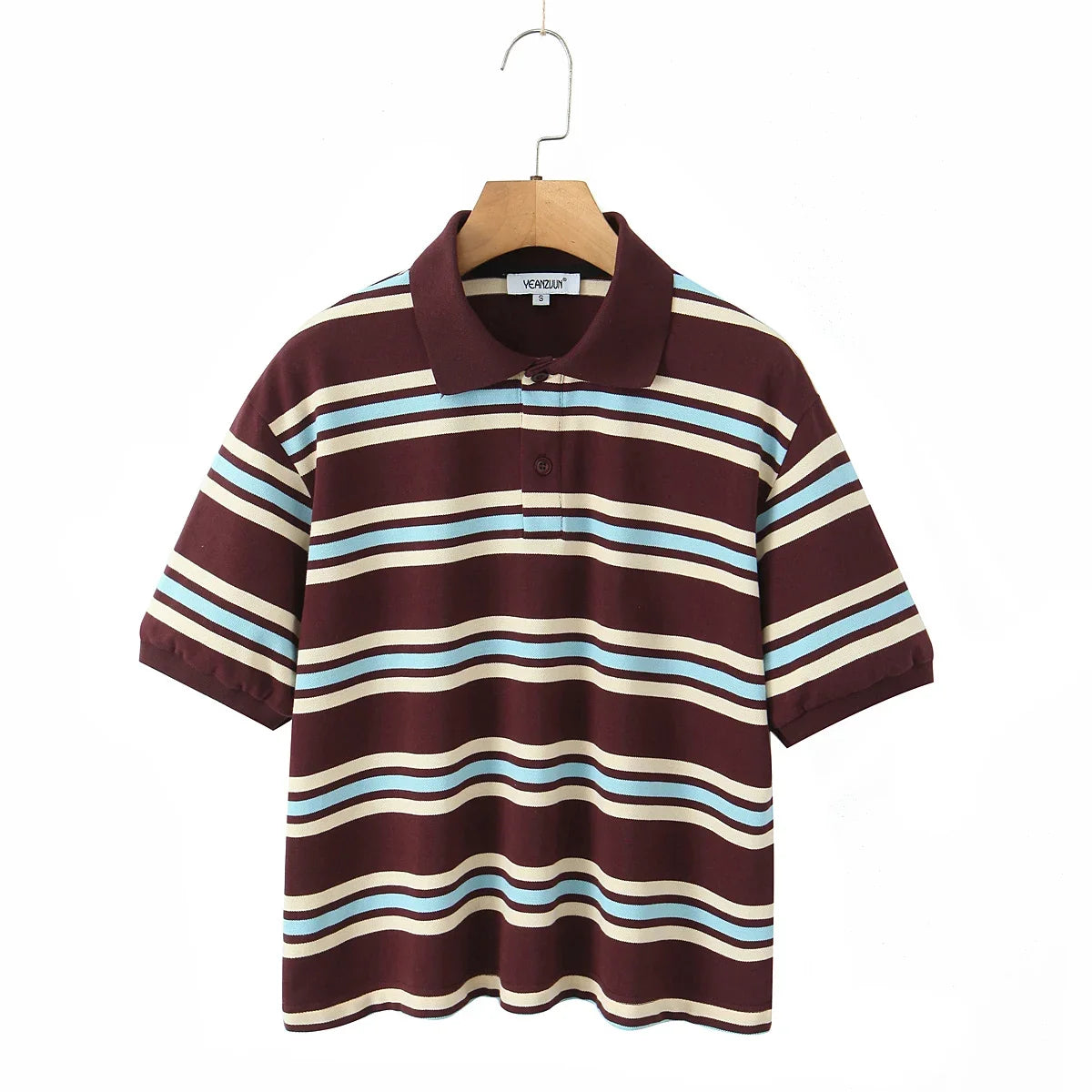 Foridol Burgundy Striped Casual Women T-shirt Summer Loose Polo Shirts Buttons New Female Tops Blouse White Tops Spring Shirt