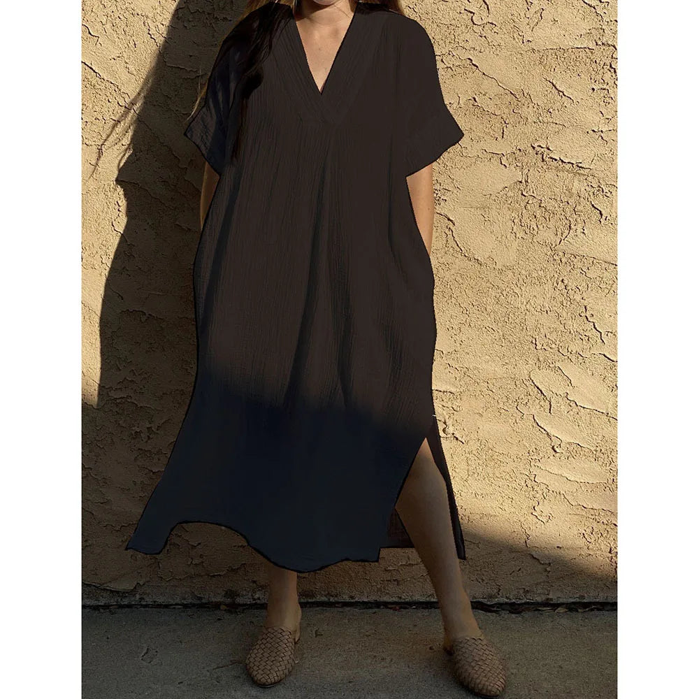 Beach Cover-ups for Women 2026 Solid Color Sexy V-neck Short Sleeve Loose Long Robe Dress Sun Protection Beachwear PZMZ09