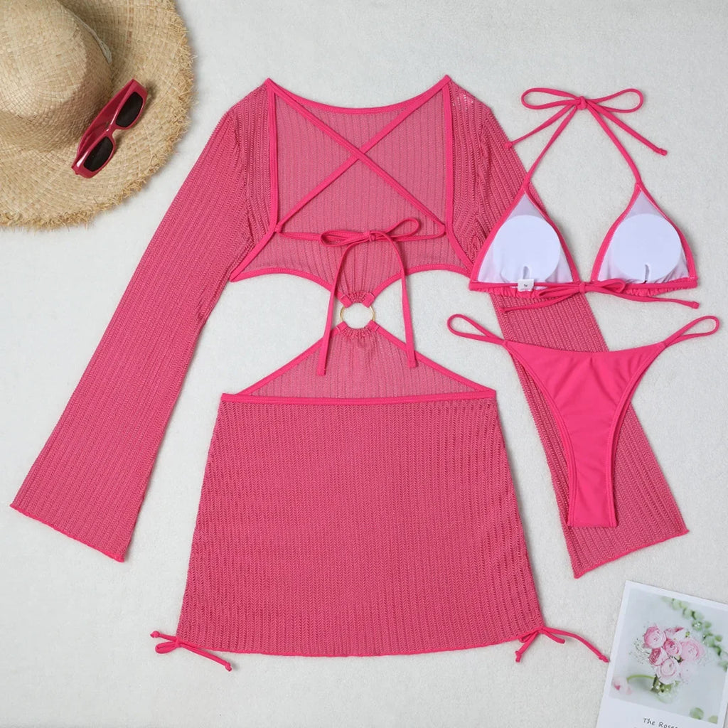 With Long Sleeve Cover Up Halter Bikini Women Swimwear Female Swimsuit Three-pieces Bikini set Bather Bathing Suit Swim V5123
