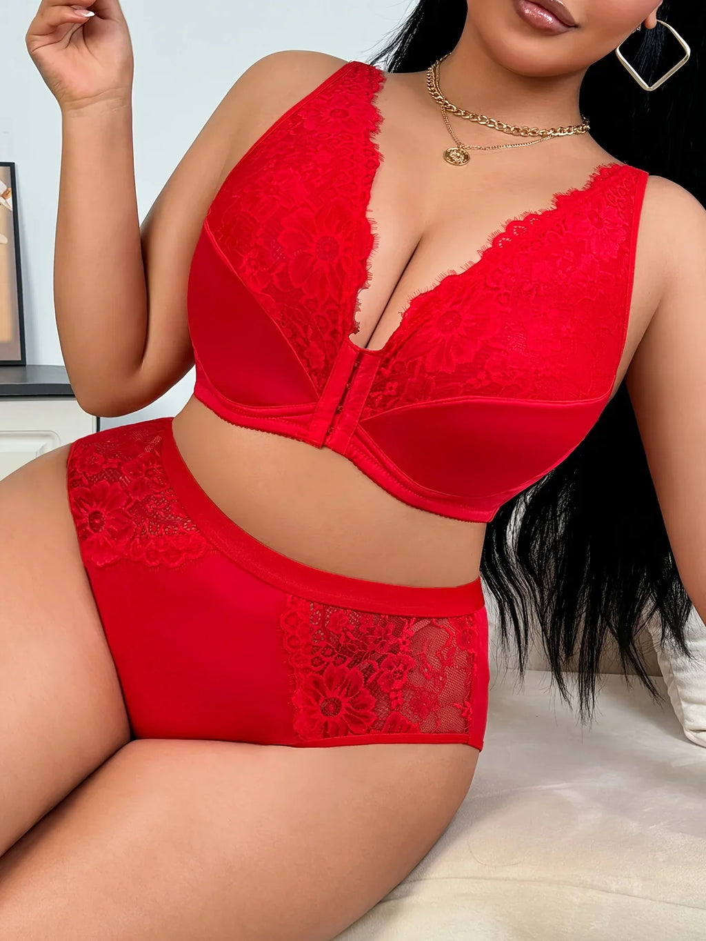 Plus Size Front Closure Lingerie Set, French Lace Sweet & Sexy Bra, Alluring Underwear Outfit