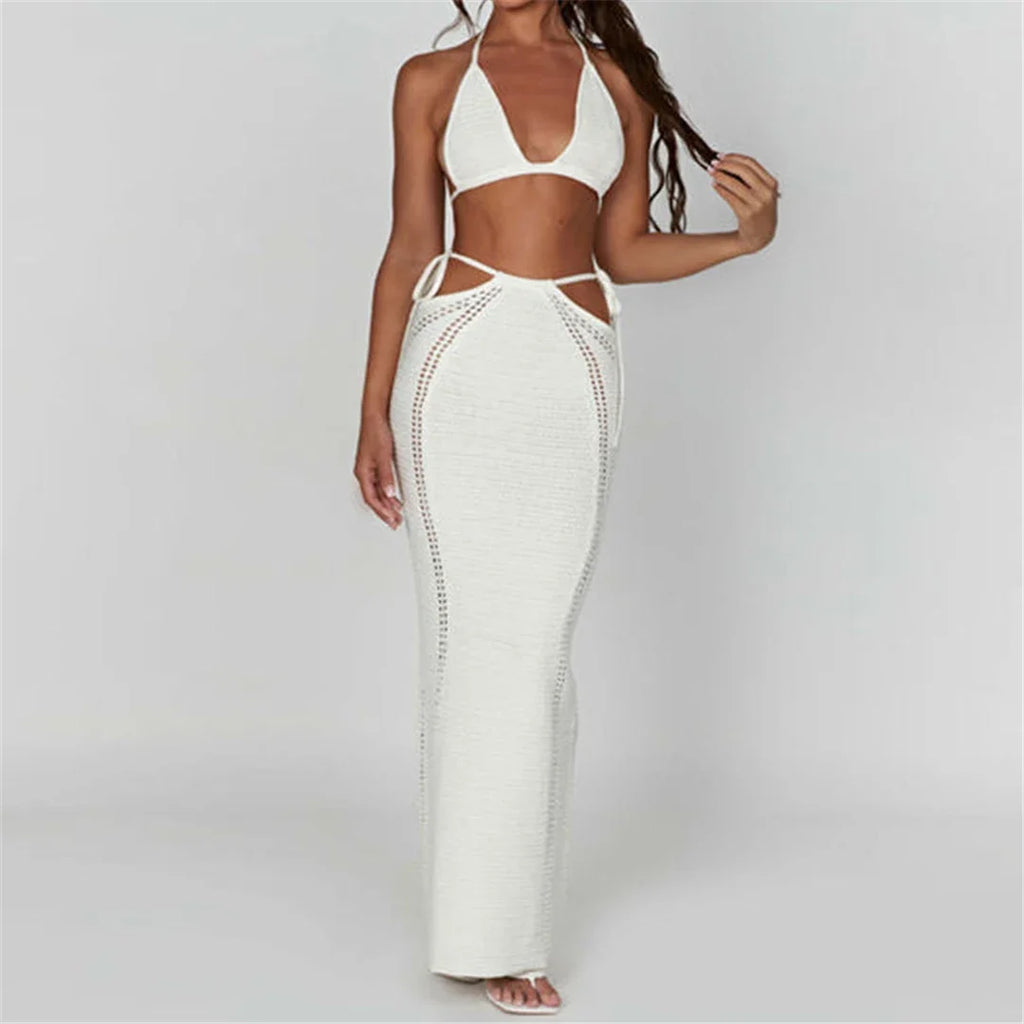 2PCS New Sexy With Top Halter Crochet Knitted Tunic Beach Cover Up Cover-ups Beach Dress Beach Wear Beachwear Female Women K4885
