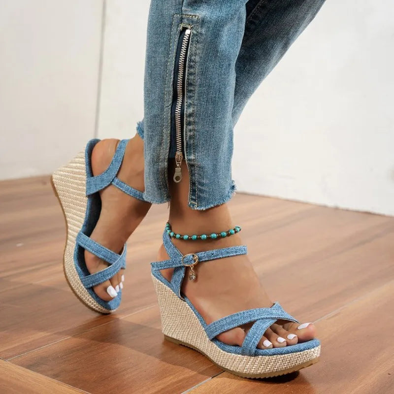 Summer Slope Heel Buckle Open Toe Wedge Ultra High Heel Women's Sandals 2026Fashion One Line Buckle Sandals Women Shoes  Heels