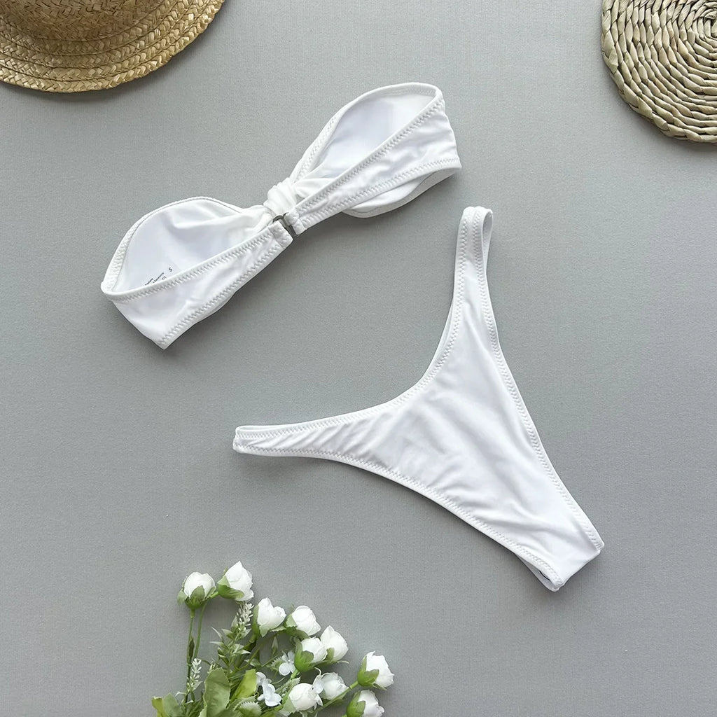 Sexy Front Tie Bow Bikini Set Women Black Bandeau Push Up Bra Micro Swimsuit 2024 Beach Bathing Suit Thong Swimwear Biquini