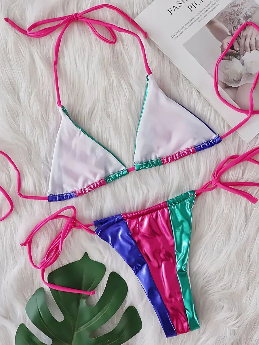 Splicing PU Leather Mini Micro Thong Bikini Women Swimsuit Female Swimwear Three-pieces Bikini Set Halter Bathing Suit Swim Lady