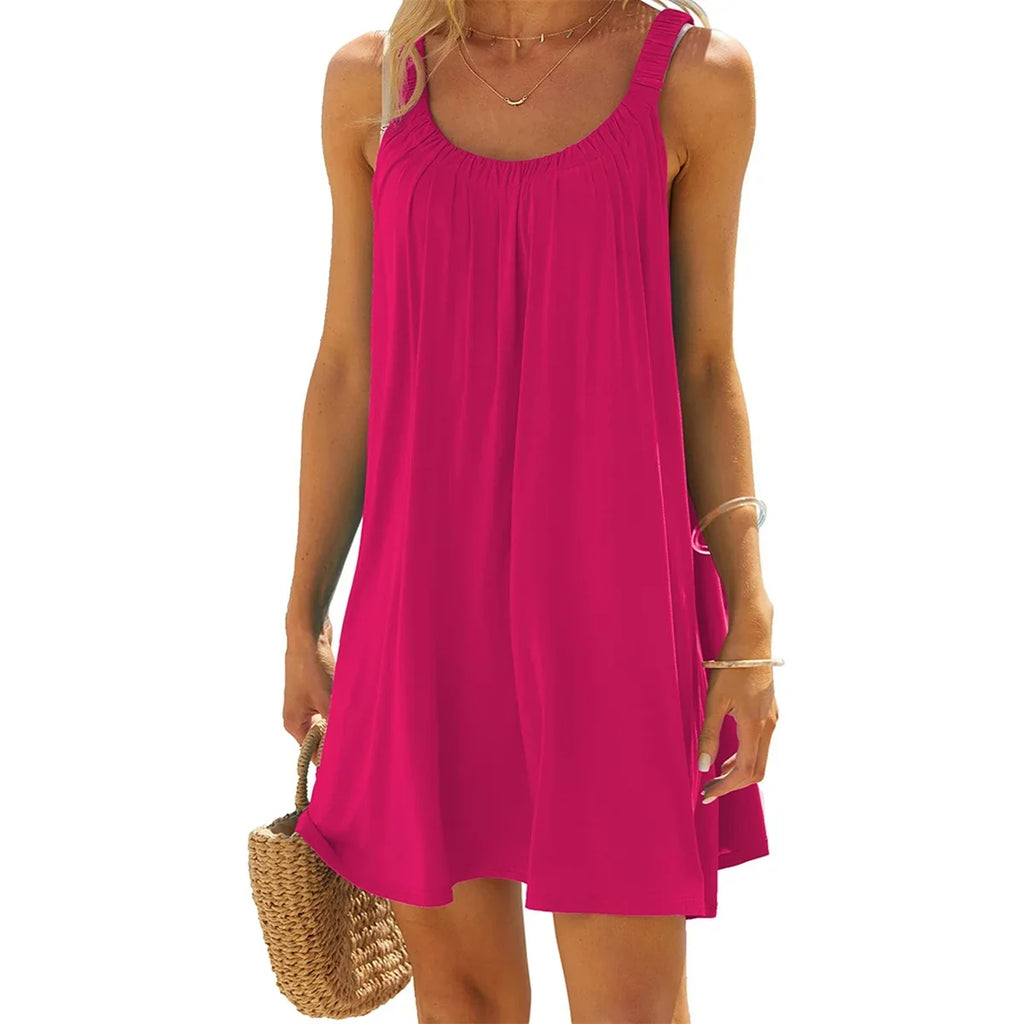 Summer Women's Loose Short Dress for Beach Solid Color Sleeveless Backless U Neck Casual Dress Beachwear