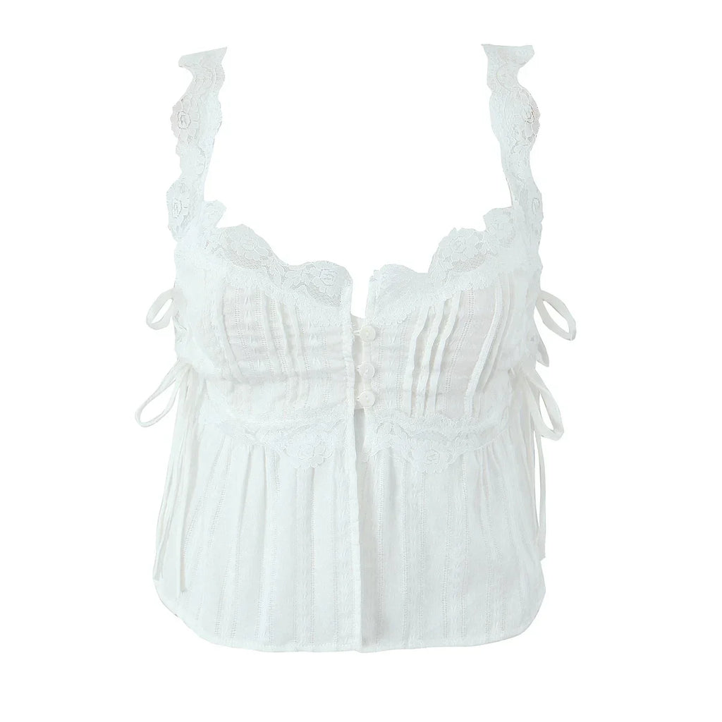 Foridol White Lace Tops for Women Summer Casual Side Tie Up Cotton Camis Top Buttons Casual Beach Vacation New Tops