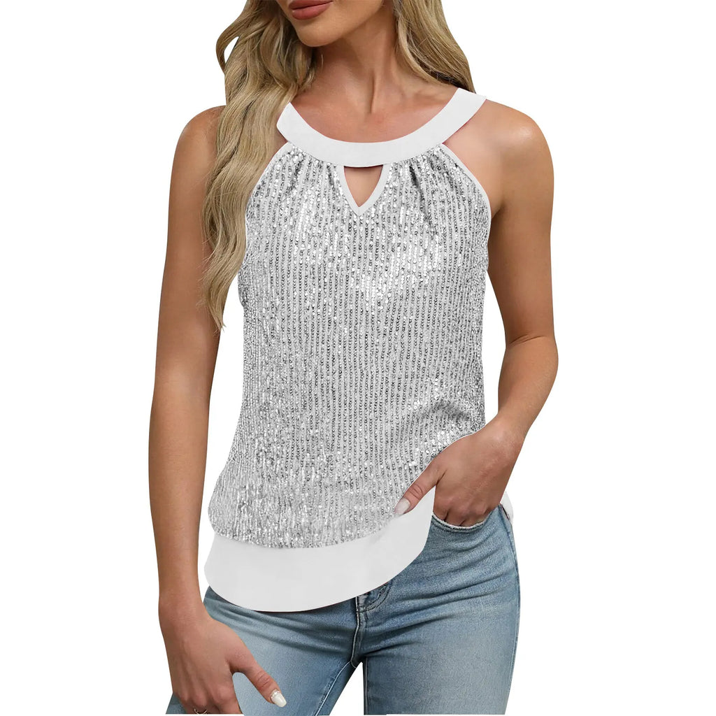 Women's Sequin Glitter Tank Tops Sleeveless Crew Neck Slim Fit Camisole For Holiday Backless Bow Tie Streetwear Party Club Vest