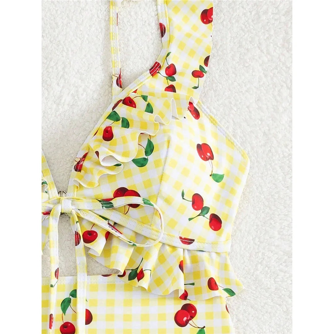 S - XL Cherry Printed Plaid Cut Out One Piece Swimsuit Women Swimwear Female Frilled High Leg Cut Bather Bathing Suit Swim V7557