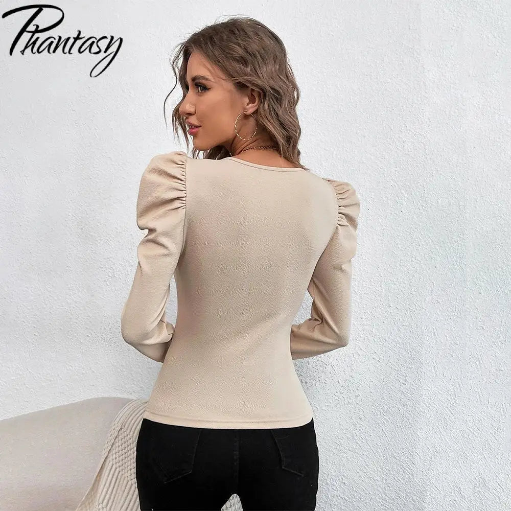 Phantasy New Y2k Tops Fashion Square Collar Slim Leg Sleeve Knitted Bubble Long Sleeve T-shirt Casual Style Vintage Clothing
